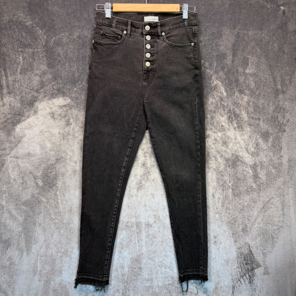 Loft The Skinny Jeans Womens Black Skinny 4 High Rise Button Fly Raw Hem Stretch